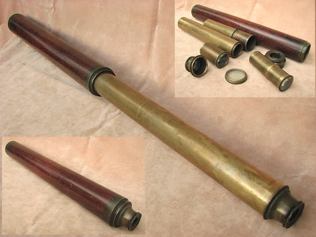 Large single draw marine telescope with inset showing component parts.